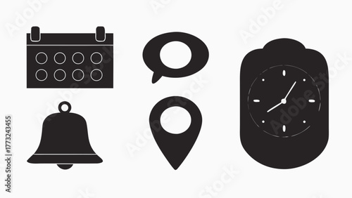 Schedule reminder with clock, pin, notification bell, and calendar for appointments and meetings