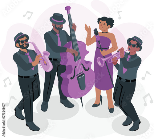 Jazz band performing with singer, bassist, saxophonist, trumpeter music performance