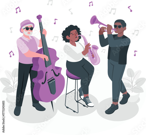 Jazz band playing music with double bass saxophone and trumpet musicians