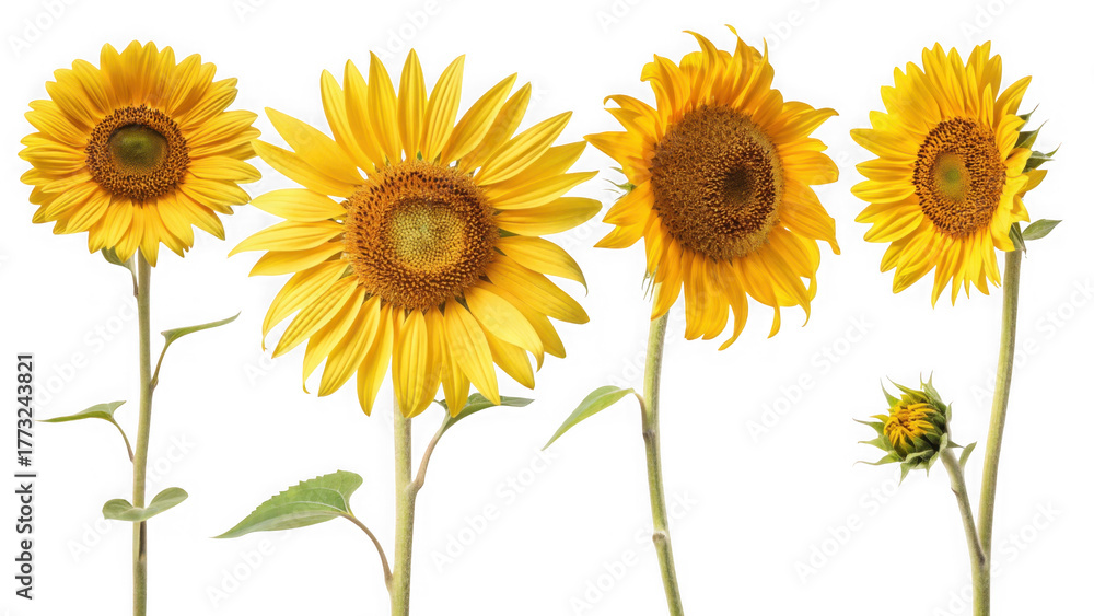 Obraz premium Four sunflowers with green stem and leaf isolated on transparent background