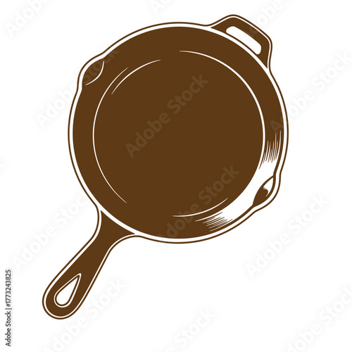 Classic cast iron skillet vintage art illustration depicting traditional cooking equipment