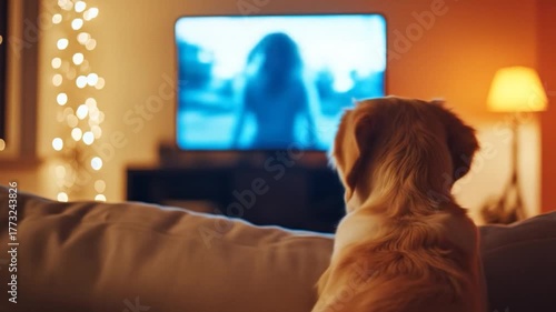 Golden retriever dog watches television in cozy living room with ambient lighting