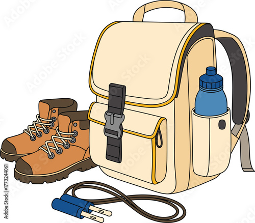 Travel backpack with hiking boots and water bottle illustration, outdoor camping gear, adventure equipment, trekking essentials, tourist travel accessories design