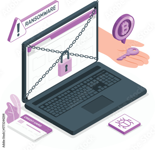 Laptop Screen Locked by Chains with Ransomware Warning cyber attack hacking