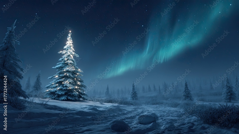 Fototapeta premium Serene Winter Landscape with Northern Lights and Snow-Covered Pine