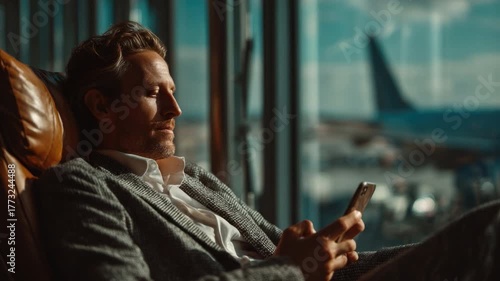 Relaxed Businessman Using Smartphone While Sitting in Comfortable Leather Chair at Airport Lounge with Natural Light and Scenic View