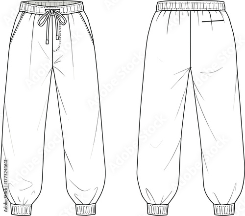 Jogger pants fashion flat sketch, elastic waistband trousers design, technical CAD drawing, apparel vector template, clothing design illustration, unisex joggers