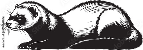 Black footed ferret silhouette captivating pose detailed artistic rendering domestic animal profile wildlife pet companion
