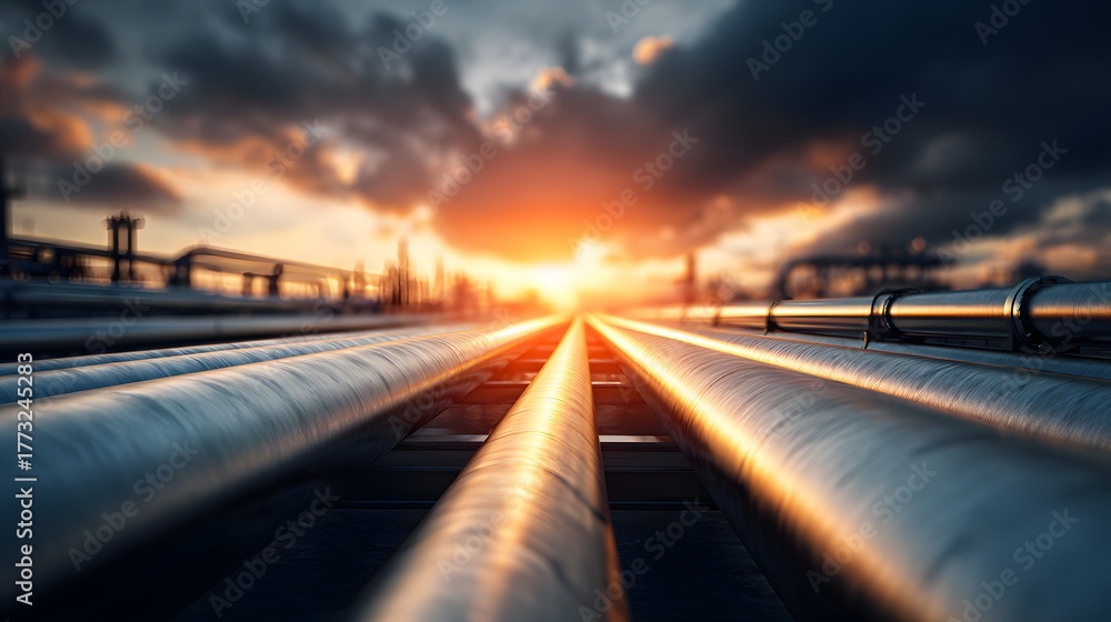 Obraz premium Industrial pipelines stretch toward a dramatically lit horizon during a vibrant sunset