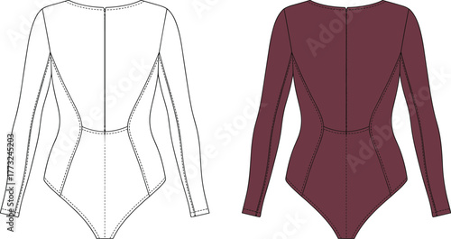 Long sleeve bodysuit back view, fitted silhouette fashion illustration, CAD garment template, flat vector drawing, princess seams, high cut leg