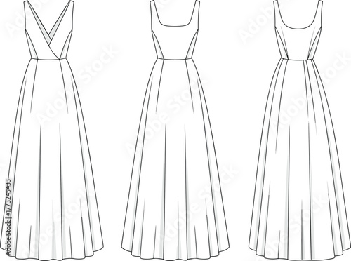 Long flowy dress, sleeveless maxi gown, fashion flat sketch, women’s evening wear vector, elegant V-neck and scoop neck design