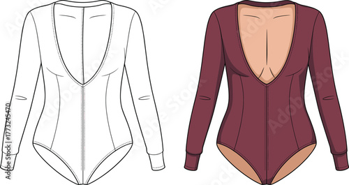 Long sleeve bodysuit design, deep V‑neck fashion illustration, CAD garment template, flat vector drawing, fitted silhouette, high cut leg