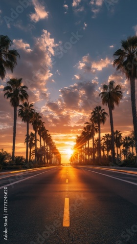 Scenic Tropical Road Framed By Lush Palm Trees Under Radiant Sunset Glow