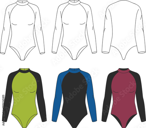 Long sleeve bodysuit fashion template, CAD garment drawing, flat vector illustration, high neck design, athletic wear sketch, clothing outline, sportswear concept