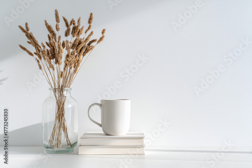 Minimalist Desk Scene with Pampas Grass and White Mug