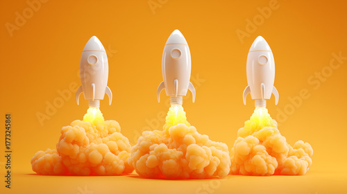 Triple Launch: Three Rockets Taking Off on Orange Background