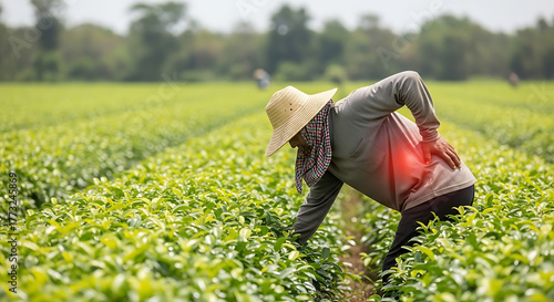 Farm worker experiencing lower back pain while working in a vibrant green crop field, symbolizing occupational strain and physical injury.