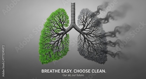 Clean air pollution concept showing healthy green lungs versus unhealthy lungs with smoke emissions -smog air pollution
