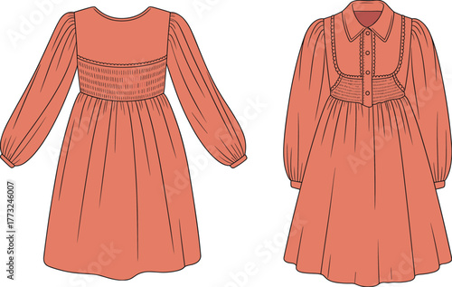 Long sleeve dress design, smocked bodice fashion illustration, CAD garment template, flat vector drawing, collared variation, puff sleeve style