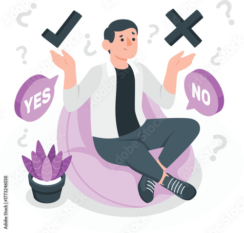 Man confused with yes and no options and question marks decision choice