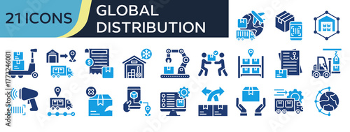 Collection of Global Distribution icons, related to Global Logistics, Logistics Network, Shipping Invoice, Cargo Handling, Delivery Service and more. Solid icons vector illustation.