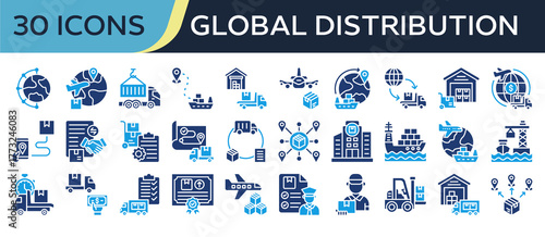 Collection of Global Distribution icons, related to Global Network, Global Shipping, Distribution Center, Export, Import and more. Solid icons vector illustation.