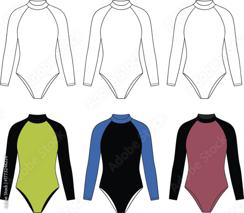 Long sleeve leotard fashion template, CAD garment drawing, flat vector illustration, athletic wear sketch, gymnastics costume design, clothing outline, sportswear concept