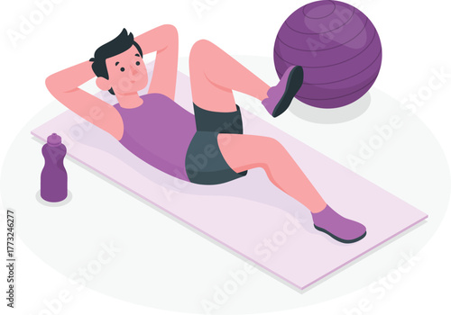 Man doing crunches with exercise ball and water bottle fitness workout