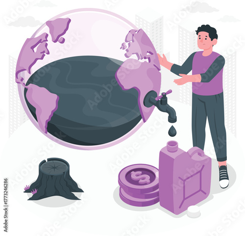 Man Draining Earth's Water Resources for Money globe dripping