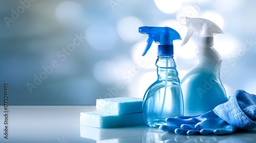 Household cleaning supplies are arranged on a reflective surface against a bright, blurred background.