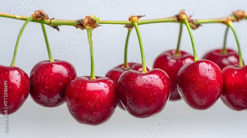 Wallpaper Mural Cluster of ripe, dark red stone fruits hang from a slender green stem against a light background Torontodigital.ca