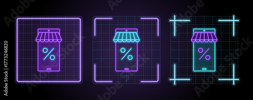 Phone shopping discount icon illustration, cyber neon visual, glowing border grid vector.	