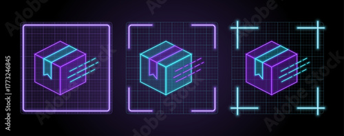 Delivery package illustration, cyber neon visual, glowing border grid vector.	