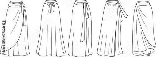 Long wrap skirt fashion flat sketch, women maxi skirt design, vector illustration, clothing template, apparel technical drawing, CAD outline for fashion designers
