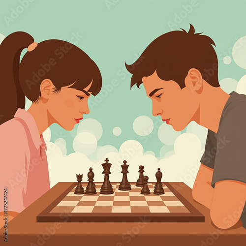 Young couple engaged in a focused chess match