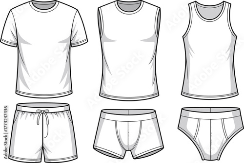 Men clothing set flat sketch, t shirt tank top sleeveless shirt shorts briefs underwear template, fashion cad drawing, apparel design vector illustration