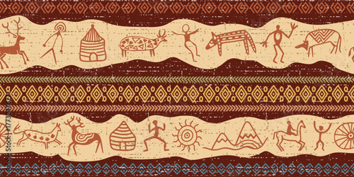 Seamless ethnic background, rock paintings and geometric ornament, naive art, petroglyph pattern, vector design
