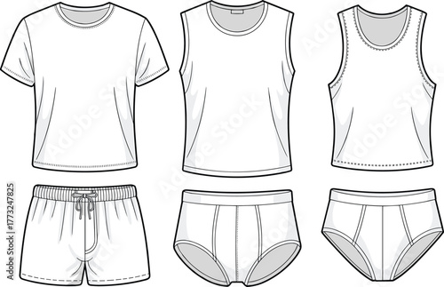 Men’s and women’s basic clothing set, CAD fashion drawing, flat vector illustration, garment template, stylish clothing design, editable outline, apparel sketch