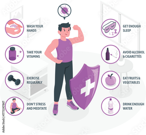 Man flexing arm with shield surrounded by health tips icons wellness healthy lifestyle
