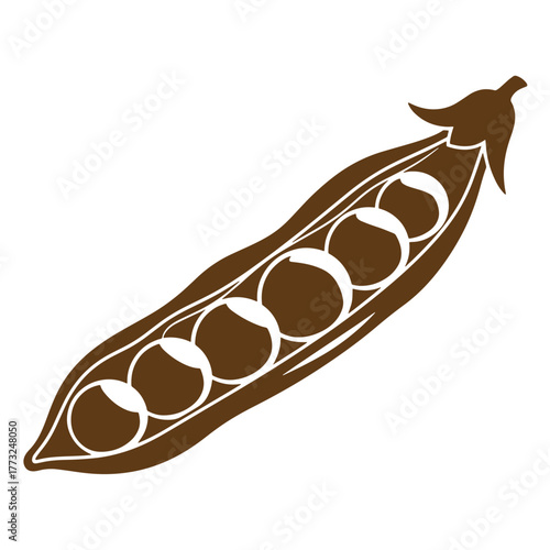 Simple brown pea pod illustration featuring perfectly aligned peas with vintage art style