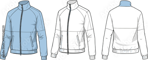 Men’s bomber jacket technical flat sketch, raglan sleeve zip-up fashion design vector, track jacket template with ribbed hem and cuffs