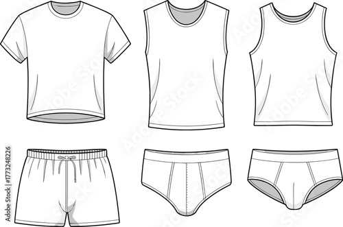 Men’s and women’s underwear set, CAD fashion drawing, flat vector illustration, garment template, casual clothing design, editable outline, apparel basics