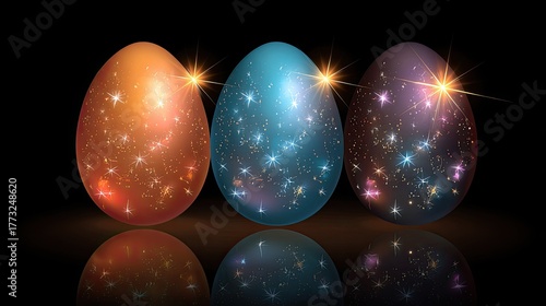Colorful Cosmic Eggs with Starry Patterns and Reflections