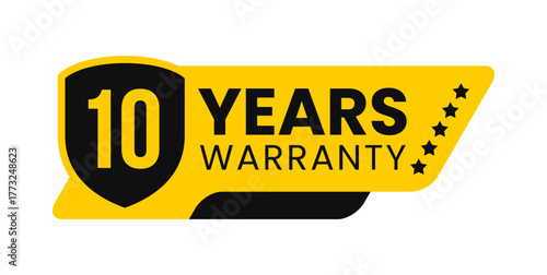 Modern 10 years warranty badge vector design in yellow and black with shield. Guarantee label icon logo for product packaging, advertisement, and marketing use