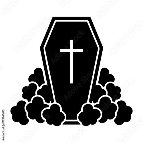 Dia de muertos icons vector illustration of a black coffin with a white cross and flowers around it in a simple style