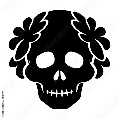 Dia de muertos icons vector illustration of a black skull with empty eye sockets and floral decorations on its head area