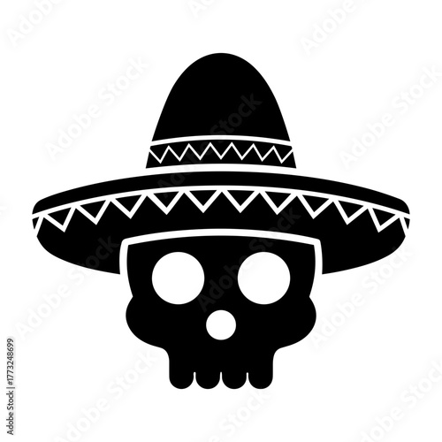 Dia de muertos icons vector illustration of a black skull wearing a sombrero with a zigzag pattern on the brim and crown