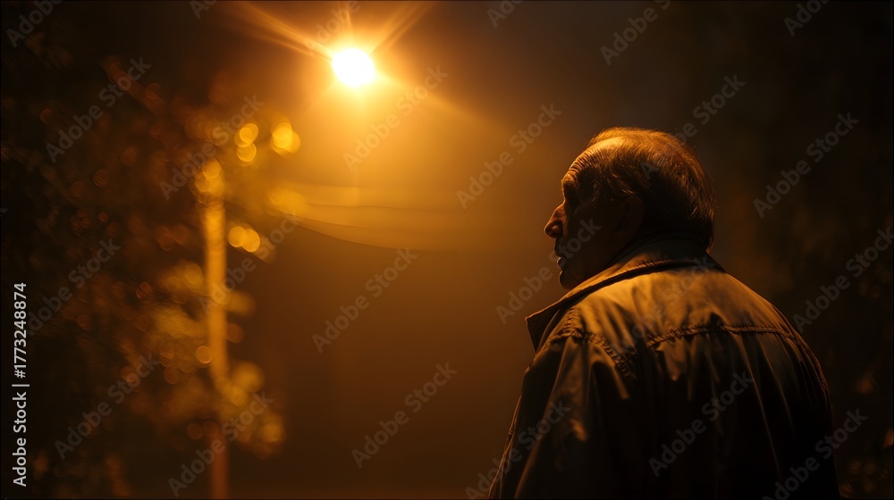 Fototapeta premium Solitary mature man standing under a bright streetlamp at night