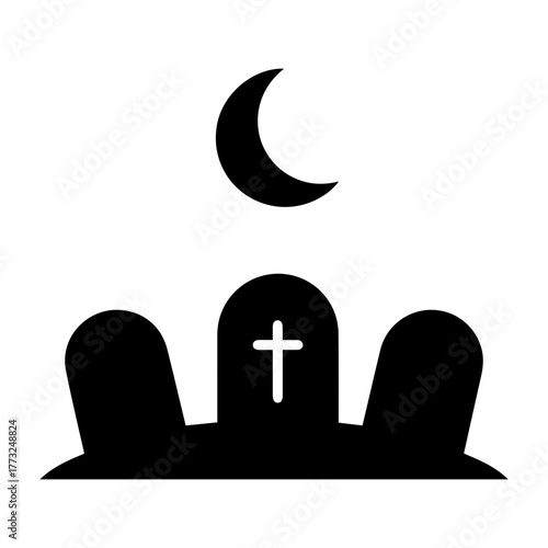Dia de muertos icons vector illustration of three tombstones with a cross under a crescent moon in black and white