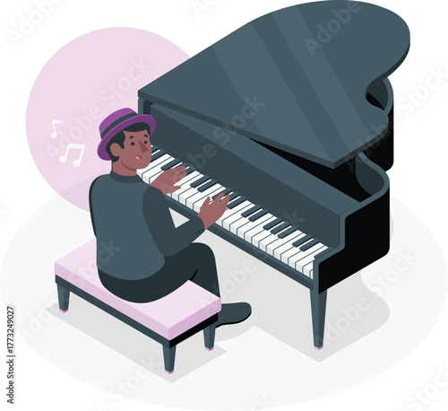 Man playing grand piano with musical notes vector illustration